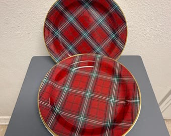 Vintage  Williams-Sonoma Red Tartan Plaid Dinnerware with a Gold Rim.