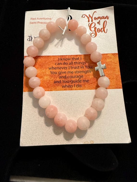 Vintage Dicksons Woman of God bracelet featuring pink & red aventurine stones and a silver-plated cross charm.
