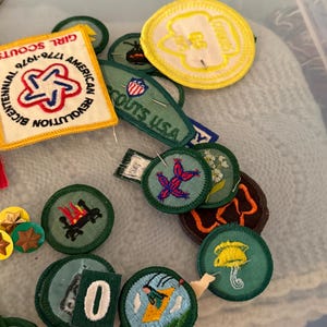 Op de afbeelding: Een verzameling Girl Scout en Boy Scout patches. De patches hebben verschillende ontwerpen, waaronder een rood, wit en blauw sterrenstelsel, een kampvuur en een ski&euml;r. De patches zijn in verschillende vormen en maten, met een mix van kleuren.