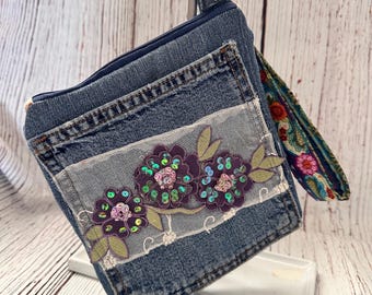 Upcycled Denim Cellphone Bag, Sequined Floral Lace Wristlet, Boho Travel Pouch