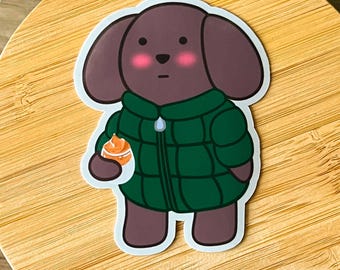 Toby in Puffer Jacket with Dalgona Latte, Waterproof Matte Vinyl Sticker
