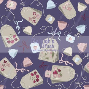 Può includere: Un motivo ripetuto di bustine di tè, tazze da tè e campane su uno sfondo viola scuro. Le bustine di tè presentano ciliegie, fragole e disegni floreali. L'immagine include il testo "Raileigh's Brush Hand Drawn Digital Designs."