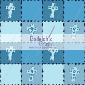 Könnte beinhalten: Ein digitales Design mit einem sich wiederholenden Muster aus hellblauen Kreuzen, die mit floralen Akzenten auf einem karierten Hintergrund in verschiedenen Blautönen verziert sind. Das Design enthält den Text "Baileigh's Brush" und "Hand Drawn Digital Designs".