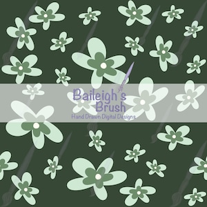 Peut inclure: Un motif numérique avec un motif répétitif de fleurs stylisées dans des tons de vert et de blanc sur un fond vert foncé. Le motif comprend le texte "Baileigh's Brush Hand Drawn Digital Designs". Des pinceaux sont également inclus dans le motif.