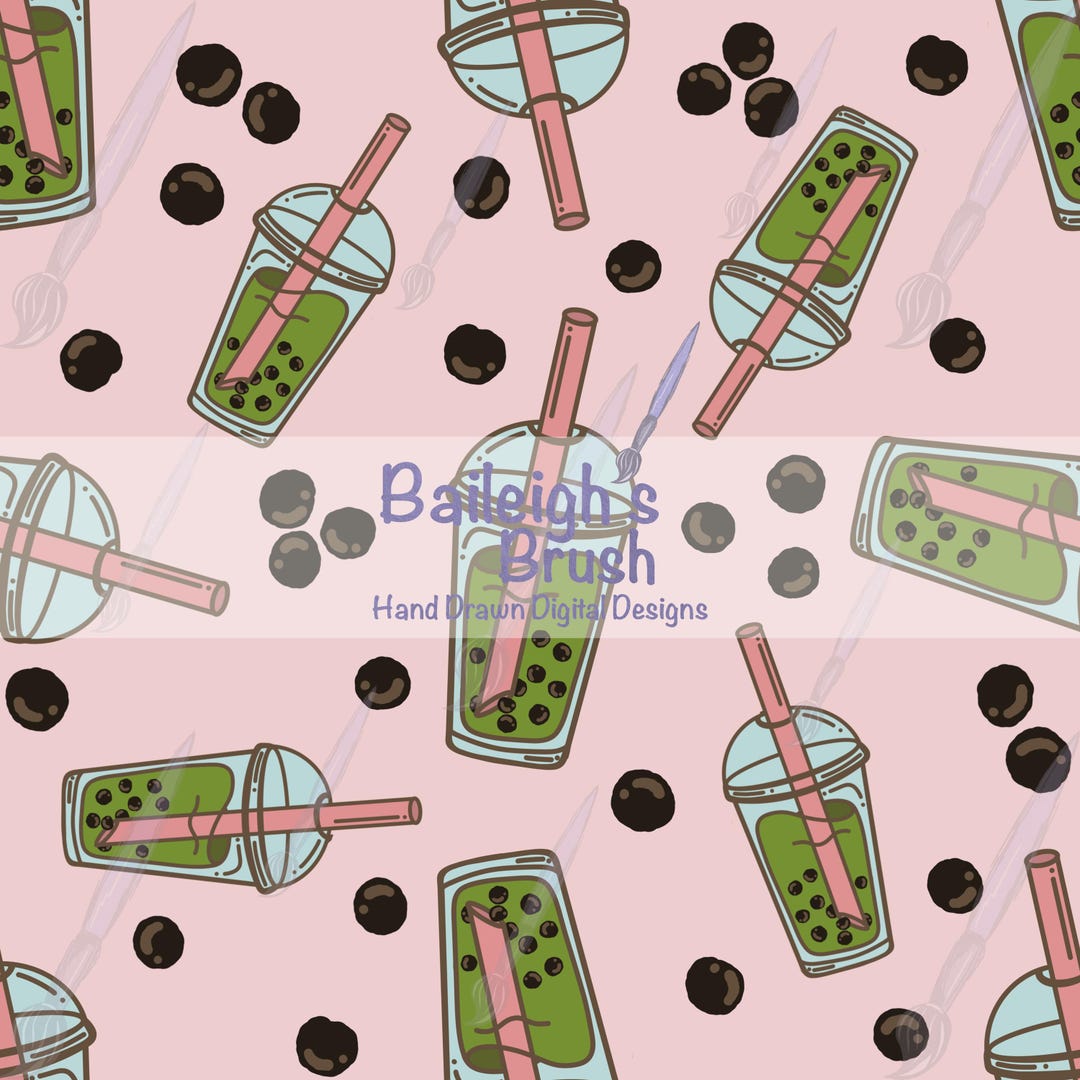 Boba Background Pattern Matcha Boba Seamless Pattern With Pink Background | Yummy Tapioca Drink ...