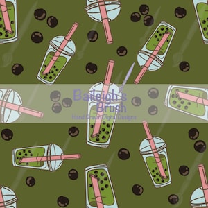 Può includere: Motivo ripetuto di tazze di tè alle bolle con cannucce rosa e perle di tapioca marrone scuro su sfondo verde. Le tazze sono azzurre e verdi. Il testo "Baileigh's Brush Hand Drawn Digital Designs" è al centro.