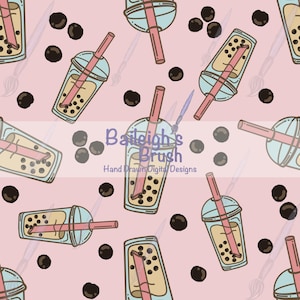 Può includere: Un motivo ripetuto di tazze di bubble tea con cannucce rosa e perle di tapioca marrone scuro su sfondo rosa chiaro. L'immagine include anche il testo "Baileigh's Brush Hand Drawn Digital Designs".