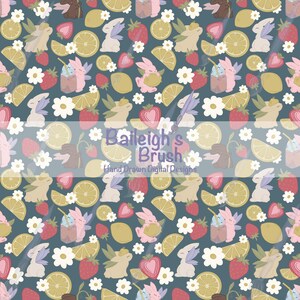 May include: A repeating pattern on a teal background features illustrations of bunnies with wings, strawberries, lemon slices, daisies, and chocolate drinks. The text "Baileigh's Brush" and "Hand Drawn Digital Designs" is also present.