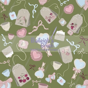 May include: A whimsical pattern featuring tea bags, teacups, hearts, and bows in soft pastel colors on a green background. The design includes illustrations of cherries, strawberries, and floral elements. The text "Baileigh's Brush Hand Drawn Digital Designs" is also present.