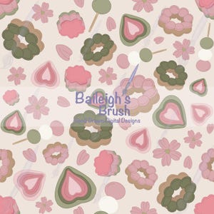 May include: A digital pattern with pink and green shapes, such as flowers, donuts, and heart designs, on a light beige backdrop. The text "Baileigh's Brush" and "Sandy Brown Digital Designs" are also visible.