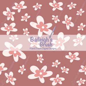 Può includere: Un design digitale con un motivo di fiori bianchi e rosa su uno sfondo marrone rossiccio tenue. Il design include il testo "Baileigh's Brush" e "Hand Drawn Digital Designs".