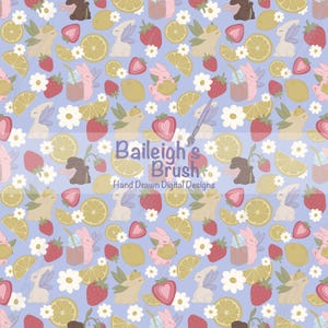 Spring Lemonade Garden Party Seamless Pattern | Fairy Garden Strawberries and Lemons with Bunnies Surface Pattern Lilac (Digital Pattern)
