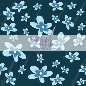 Può includere: Un design digitale con un motivo di fiori azzurri con centri blu scuro sparsi su uno sfondo verde acqua scuro. Il design include il testo "Baileigh's Brush Hand Drawn Digital Designs".