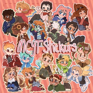 May include: A sheet of cartoon character stickers in various colours. The stickers depict different characters with unique designs and expressions. The text "MCYT Stickers" is displayed in the centre. The background is a light red colour.
