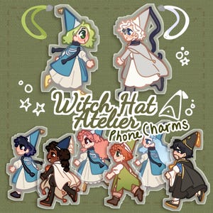 May include: A collection of Witch Hat Atelier phone charms. The charms feature cartoon illustrations of characters in witch hats and robes, in various colors. The text "Witch Hat Atelier Charms" is also visible.