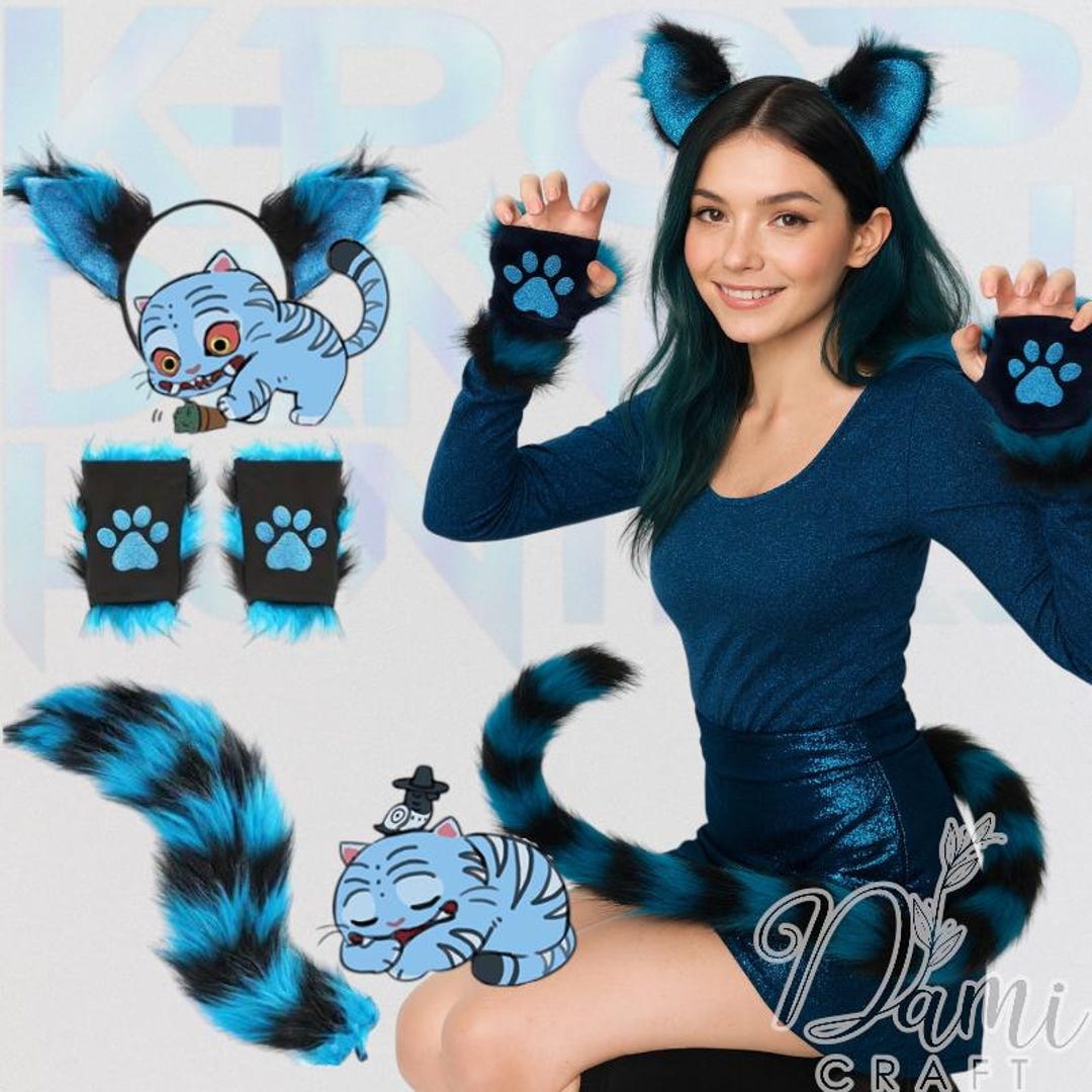 Derpy Blue Tiger Furry Cosplay Full Set – Faux Fur Ears, Tail, Hand ...