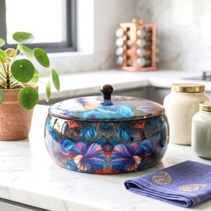 May include: A round, lidded container featuring a vibrant, symmetrical floral pattern in shades of deep blue, purple, and orange. The lid has a small, dark brown knob handle at the center. The container has a smooth, glossy finish.