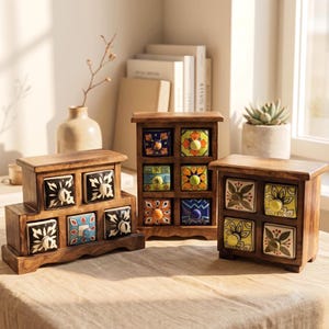 Rustic Wooden Mini Chest of Drawers | Hand Painted Ceramic Knobs | Boho Jewelry & Spice Organizer | 3 Sizes | Handmade in India