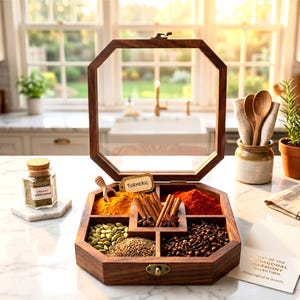 Handcrafted Wooden Spice Box with Glass Lid | Kitchen Organizer for Snacks & Dry Fruits