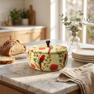 May include: A round, cream-coloured metal storage container with a lid, featuring a repeating pattern of red parrots perched on green leafy branches interspersed with large red rose blossoms and a small black knob handle on the top centre.