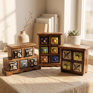 Rustic Wooden Mini Chest of Drawers | Hand Painted Ceramic Knobs | Boho Jewelry & Spice Organizer | 3 Sizes | Handmade in India