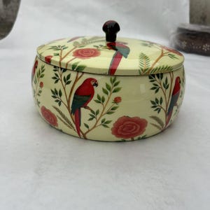 Parrot & Rose Enamel Roti Box | Vintage-Style Round Bread Box | Hand-Painted Tin Storage Container with Knob Lid | Kitchen Decor Gift
