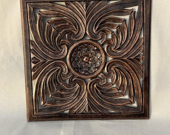 Bronze Carved Floral Wall Medallion, Boho Mandala Wood Wall Panel, Square Sculpted Openwork Wall Art, Rustic Home Decor, Housewarming Gift