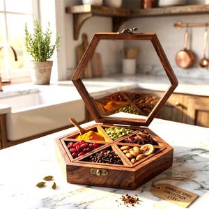 Handcrafted Wooden Hexagon Spice Organizer | Glass Lid Masala Box for Dry Fruits & Snacks