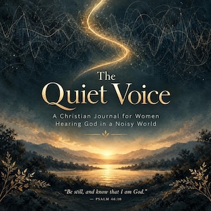 May include: A journal cover titled The Quiet Voice, A Christian Journal for Women, Hearing God in a Noisy World. The design features a sunset over a lake with mountains, a golden light trail, and the text Be still, and know that I am God, Psalm 46:10.