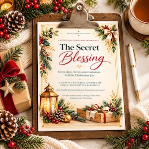 May include: A clipboard holding a printed document titled The Secret Blessing, featuring Christmas-themed illustrations of a lantern, pinecones, and gifts. The text includes A Seven-Day Christmas Experience, Seven days, Seven secret missions, and A Christ-centered journey of small, thoughtful blessings.