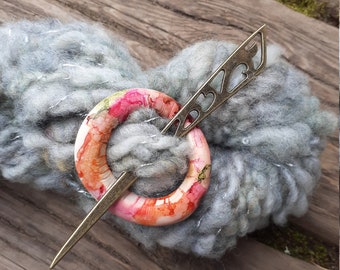 WAFA April palette of the month inspired  Polymer Clay Shawl Pin, hand painted, alcohol ink and fire, pink and orange, pink orange shawl pin