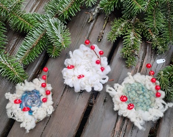 Christmas ornaments, Handwoven with Handspun Art Yarn, Scandinavian Inspired, Rustic Holiday Ornament, Handmade Ornaments for the Holidays