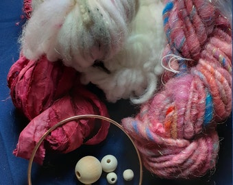 Round Weaving kit, DIY kit, DIY weaving, Do it yourself weaving, weaving project, frame weaving, circular weaving pretty in pink weaving kit