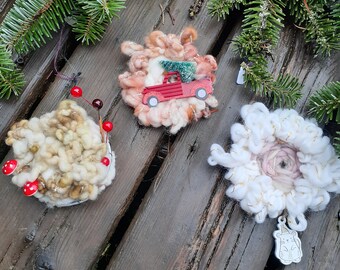 Christmas ornaments, Handwoven with Handspun Art Yarn, Scandinavian Inspired, Rustic Holiday Ornament, Handmade Ornaments for the Holidays