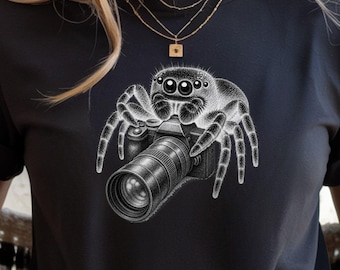 Camiseta de araña saltarina, camiseta de araña para fotógrafos macro, camiseta divertida de araña con cámara, regalo para amantes de la fotografía
