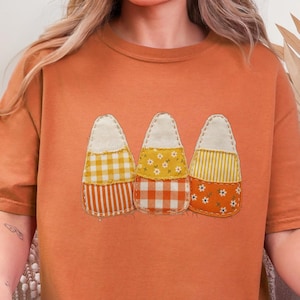 Candy Corn Halloween Shirt, Faux Patchwork Trio Art, Retro Fall Tee