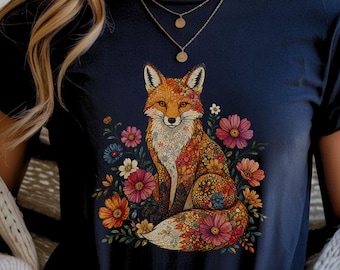 Camiseta Floral Fox, Arte Botánico de Animales del Bosque, Estilo Cottagecore, Regalo para Amantes de la Naturaleza, Jardín de Flores Silvestres, Boho, Bonita Camiseta Gráfica, Top Estético