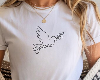 Camiseta con diseño minimalista de paloma de la paz y rama de olivo. Camiseta pacifista para grupos religiosos de derechos humanos, yoga y meditación. Regalo ideal para defensores de la armonía y la pacifismo.