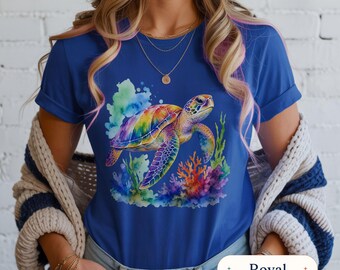 Camiseta de tortuga marina en acuarela, arte de arrecife de coral arcoíris, camiseta de animales marinos para vacaciones en la playa, regalo para amantes de la vida marina, estilo costero, verano