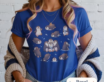 Lindo collage de pegatinas de pingüino kawaii, familia de aves árticas, camiseta para amantes de los peces, acogedor regalo de invierno para niños, ambiente divertido de hielo