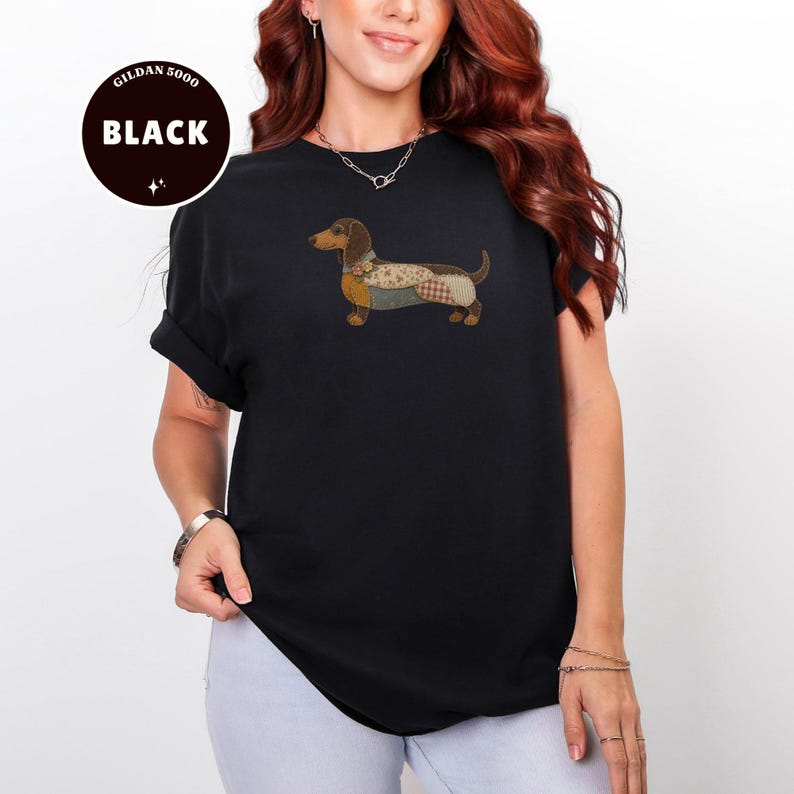 Dachshund Shirt, Faux Quilted Wiener Dog Tee, Patchwork Doxie T-Shirt, Rustic Sausage Dog Gift, Country Pet Lover Clothing, Folk Art image 3
