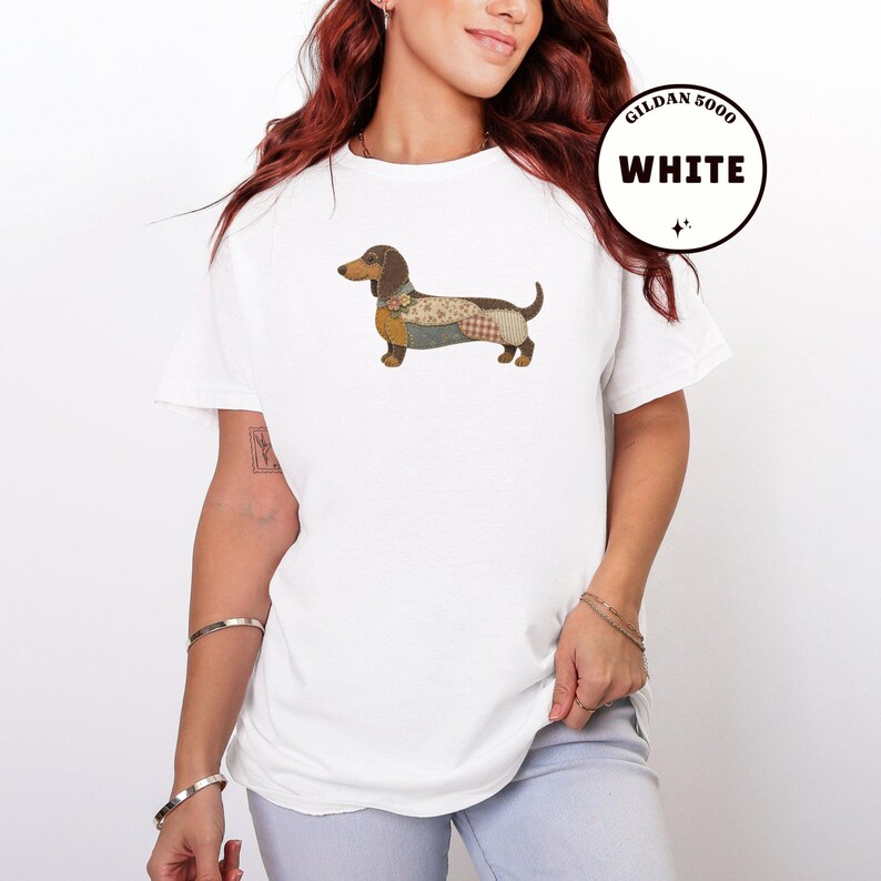Dachshund Shirt, Faux Quilted Wiener Dog Tee, Patchwork Doxie T-Shirt, Rustic Sausage Dog Gift, Country Pet Lover Clothing, Folk Art image 13