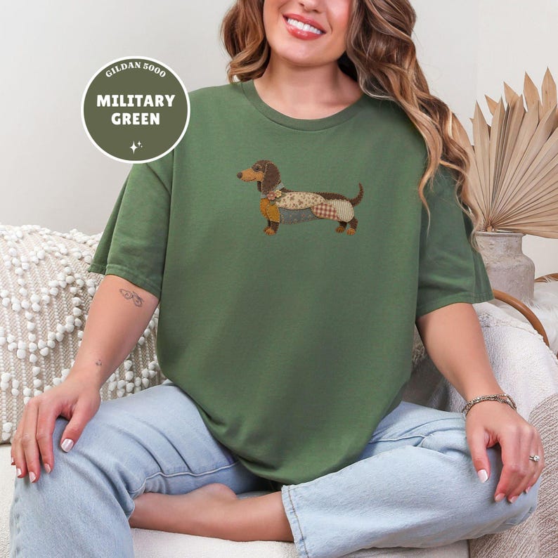Dachshund Shirt, Faux Quilted Wiener Dog Tee, Patchwork Doxie T-Shirt, Rustic Sausage Dog Gift, Country Pet Lover Clothing, Folk Art image 6