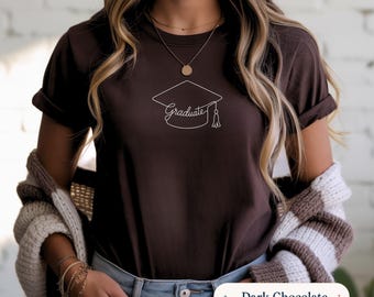 Camiseta con birrete de graduación, diseño minimalista para graduados, regalo para la clase de último año, arte lineal simple, top gráfico para ceremonia de graduación de la universidad o la escuela secundaria para mujeres.