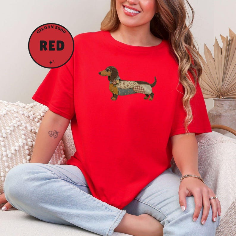 Dachshund Shirt, Faux Quilted Wiener Dog Tee, Patchwork Doxie T-Shirt, Rustic Sausage Dog Gift, Country Pet Lover Clothing, Folk Art image 9