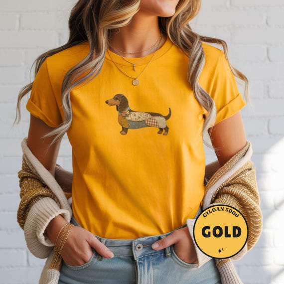 Dachshund Shirt, Faux Quilted Wiener Dog Tee, Patchwork Doxie T-Shirt, Rustic Sausage Dog Gift, Country Pet Lover Clothing, Folk Art