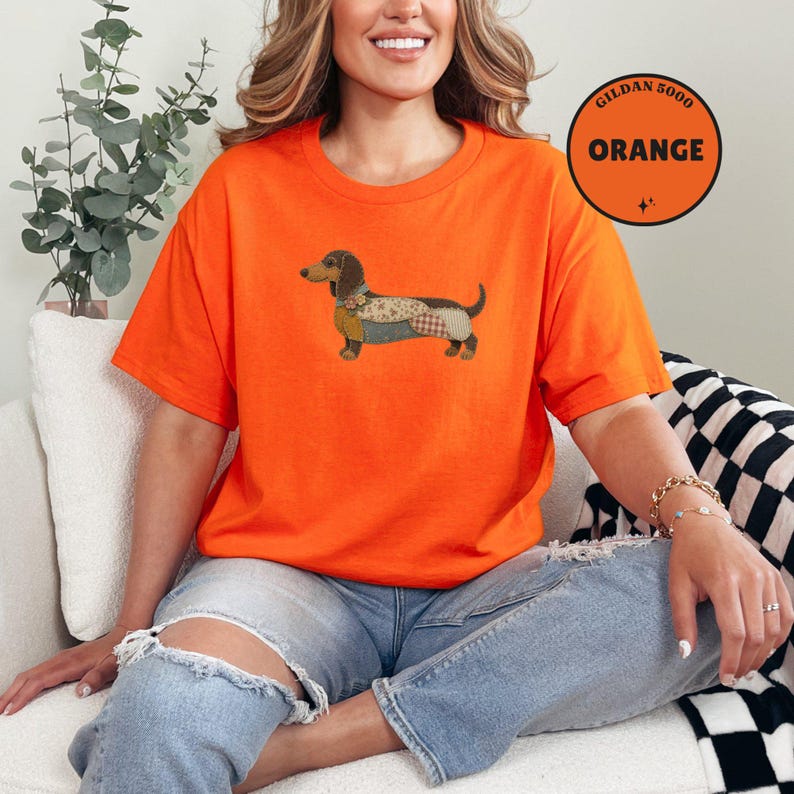 Dachshund Shirt, Faux Quilted Wiener Dog Tee, Patchwork Doxie T-Shirt, Rustic Sausage Dog Gift, Country Pet Lover Clothing, Folk Art image 8