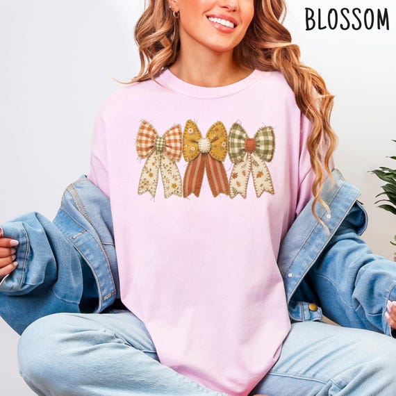Patchwork Bow Shirt, Quilted Coquette Floral Tee, Romantic Cottagecore Autumn Gift for Women and Vintage Ribbon Aesthetic Lovers