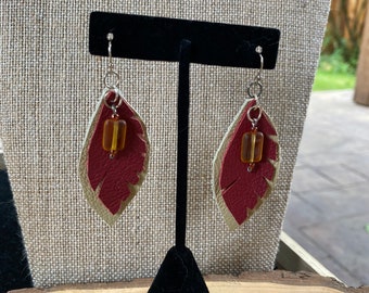Red Recycled Leather Feather Earrings