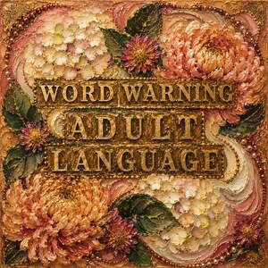 Puede incluir: Una obra de arte cuadrada y texturizada con un diseño floral y las palabras "WORD WARNING ADULT LANGUAGE" en letras doradas. La obra presenta flores melocotón, rosas y blancas con hojas verdes, enmarcadas con cuentas doradas.